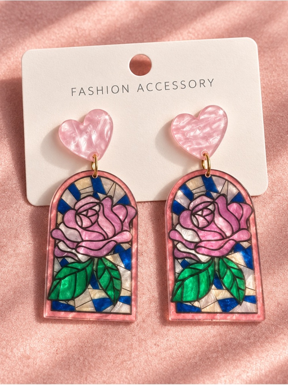 Fashion Jewelry Pink Rose Stained-Glass Heart Drop Earrings